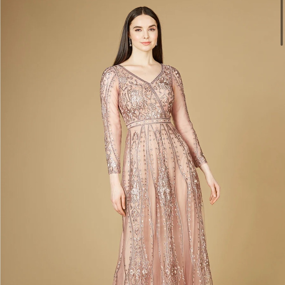 Lara Dresses - 29788 Rhinestone Beaded Long Sleeve Lace Gown